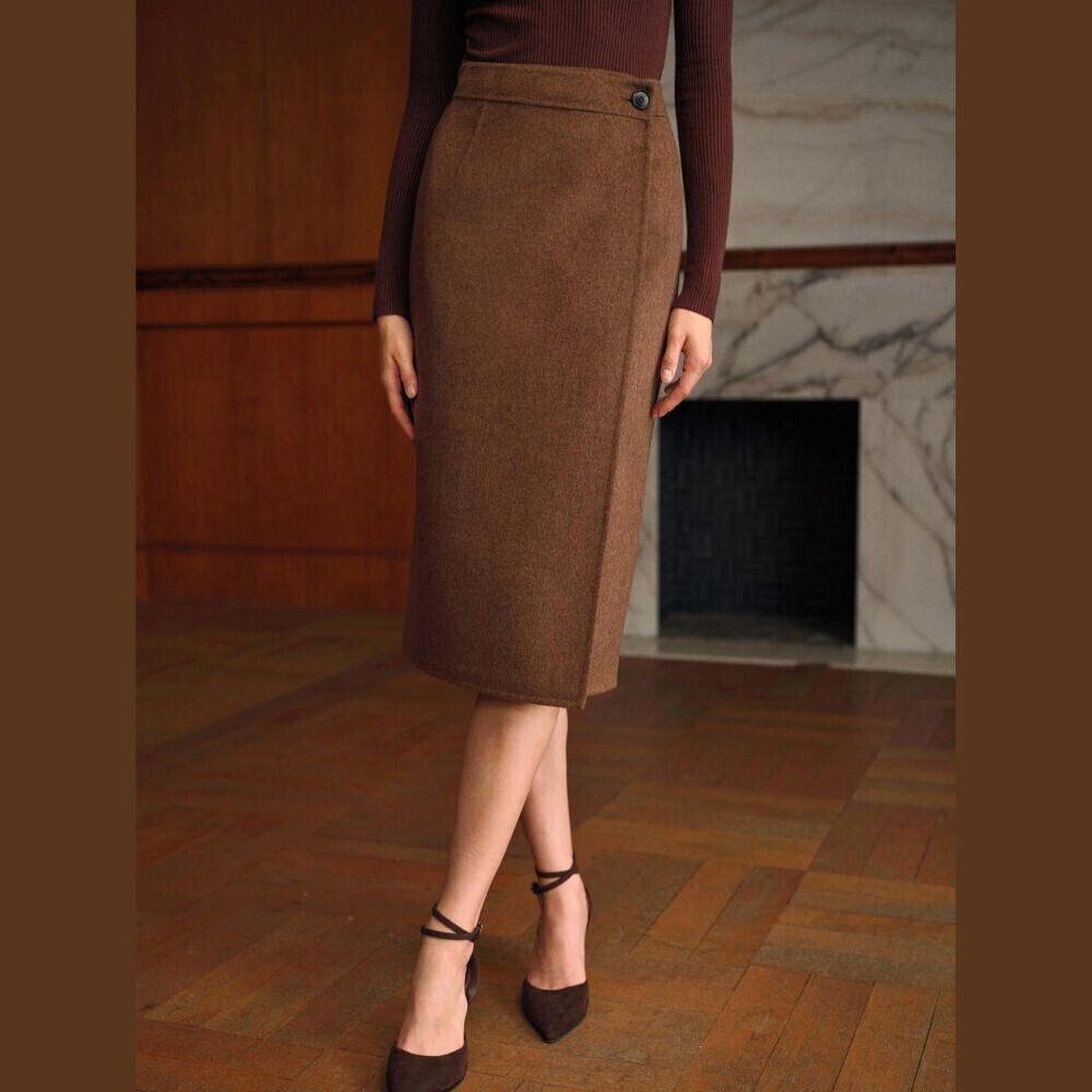 Brown Wool-Blend Wrap Front Button Tab Midi Skirt